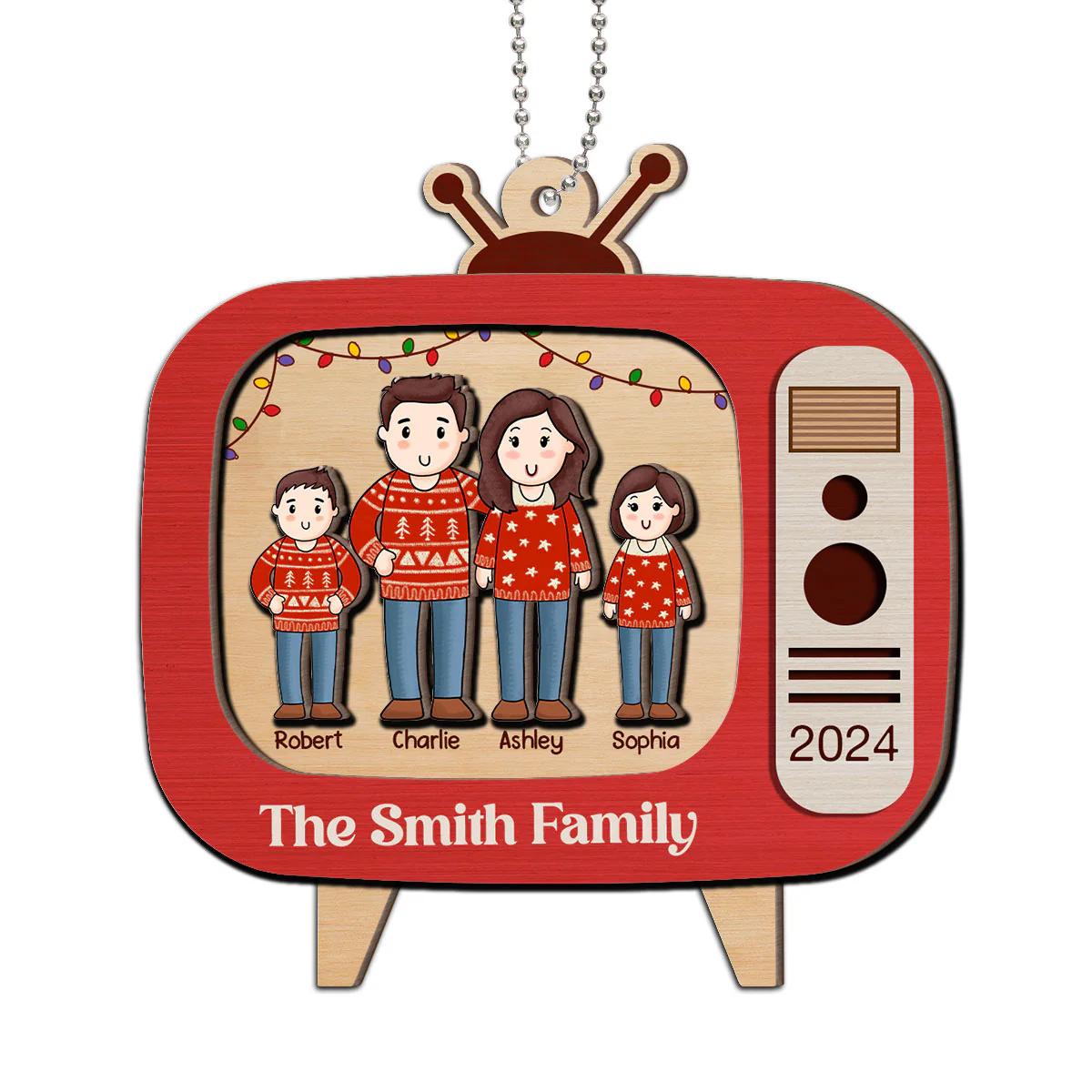 Comic Family In Christmas Red Retro Televison Personalized 2-Layer Wooden Ornament - Image 2
