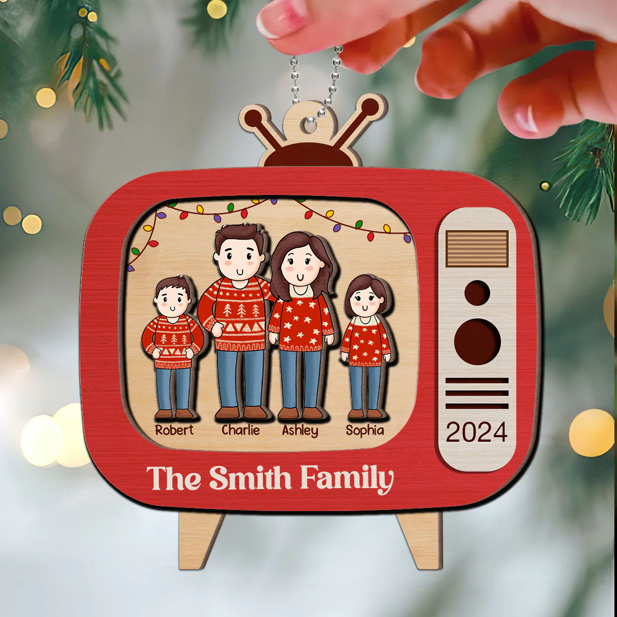 Comic Family In Christmas Red Retro Televison Personalized 2-Layer Wooden Ornament - Image 3