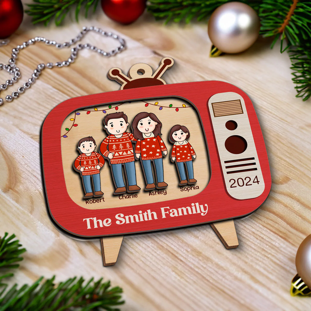 Comic Family In Christmas Red Retro Televison Personalized 2-Layer Wooden Ornament - Image 4