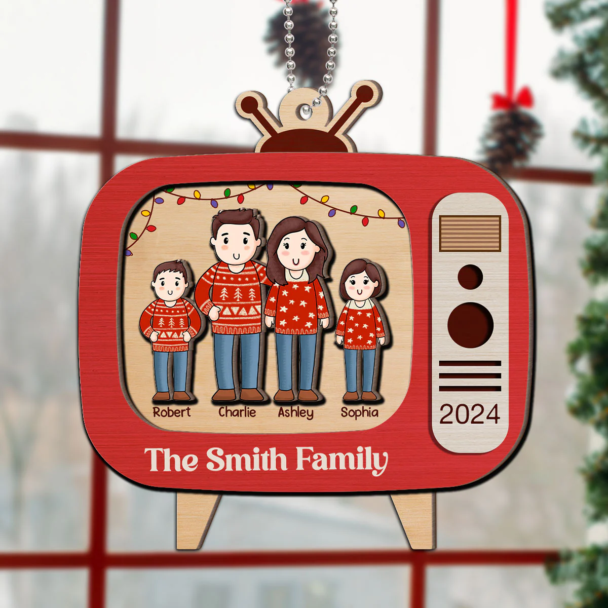 Comic Family In Christmas Red Retro Televison Personalized 2-Layer Wooden Ornament - Image 5