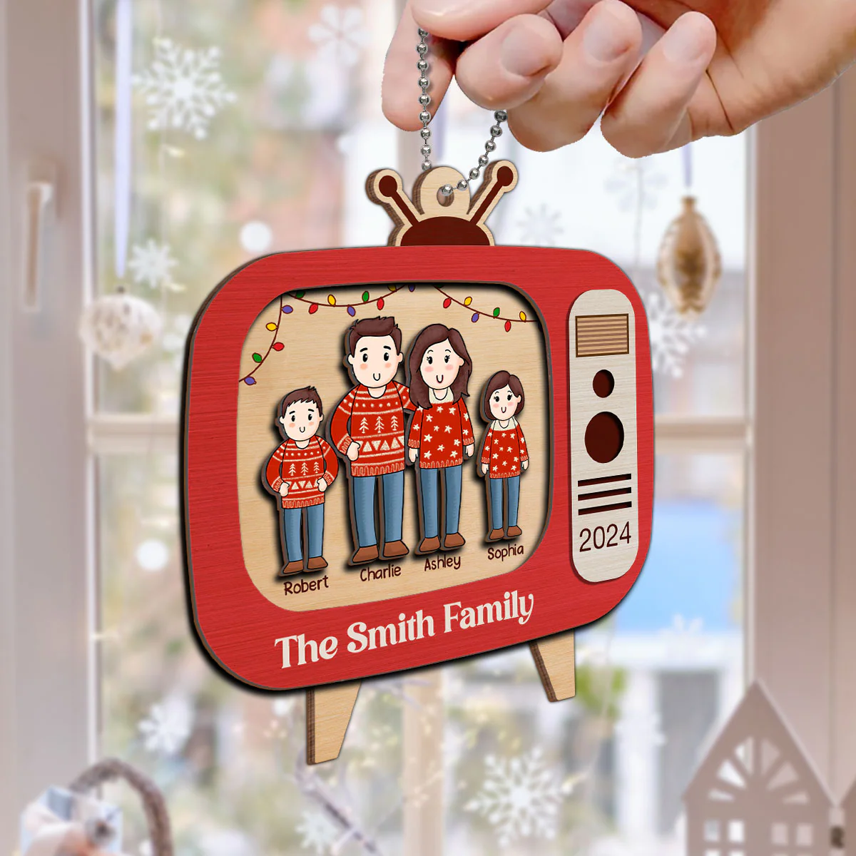 Comic Family In Christmas Red Retro Televison Personalized 2-Layer Wooden Ornament - Image 6
