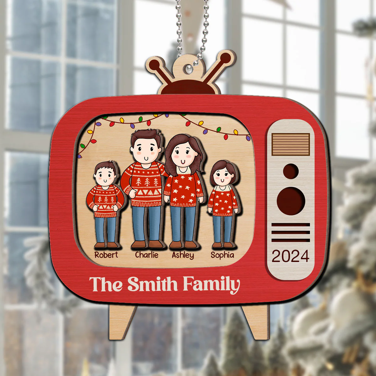 Comic Family In Christmas Red Retro Televison Personalized 2-Layer Wooden Ornament - Image 7