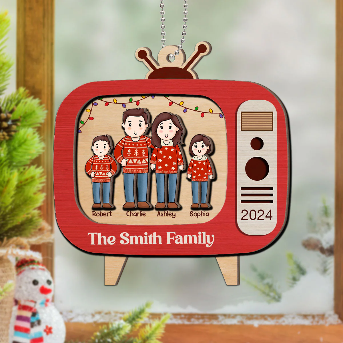 Comic Family In Christmas Red Retro Televison Personalized 2-Layer Wooden Ornament - Image 8