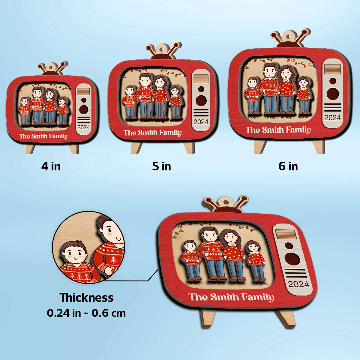 Comic Family In Christmas Red Retro Televison Personalized 2-Layer Wooden Ornament - Image 9