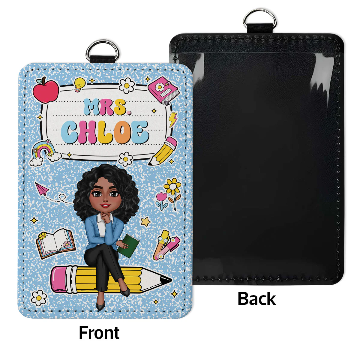 Composition Book Teacher Sitting On Pencil Name Personalized ID Badge Holder, Back To School Gift - Image 4