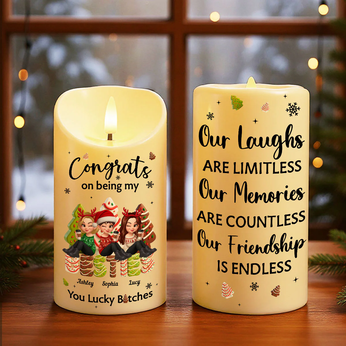 Congrats On Being My Besties Sisters Christmas Tree Cake Personalized LED Candle, Christmas gift for Besties Sisters - Image 3