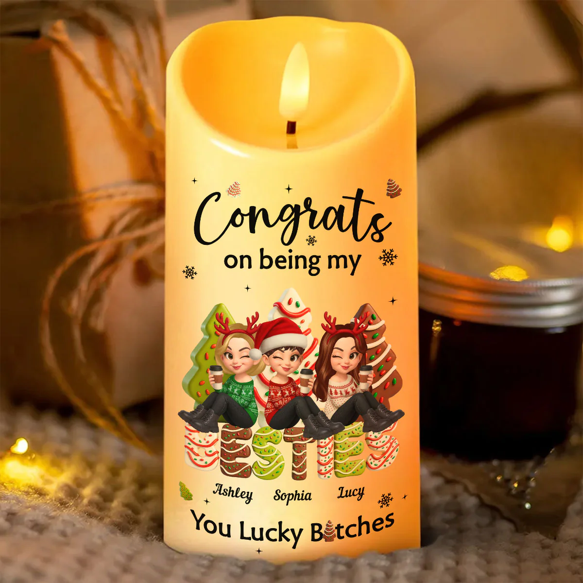Congrats On Being My Besties Sisters Christmas Tree Cake Personalized LED Candle, Christmas gift for Besties Sisters - Image 4