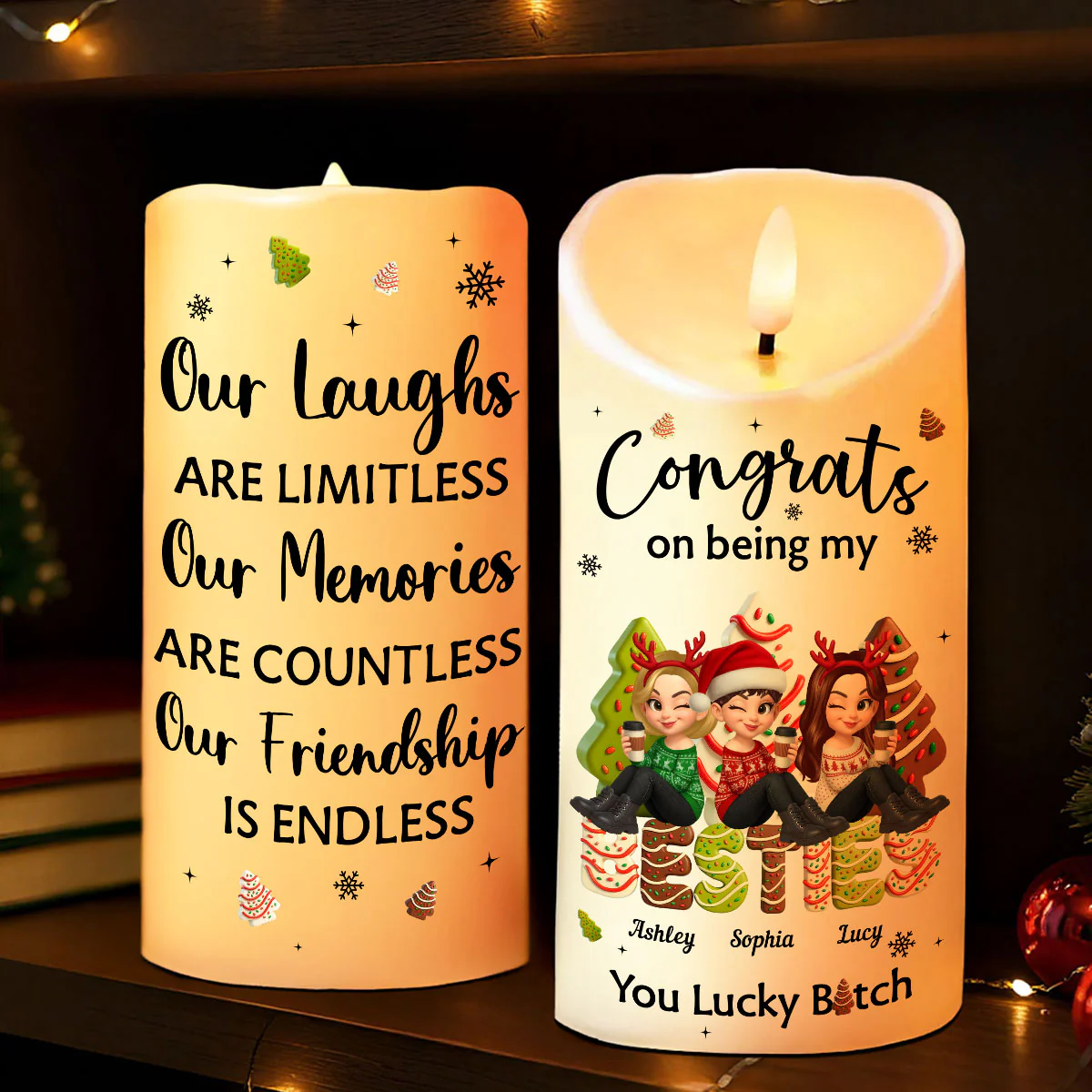 Congrats On Being My Besties Sisters Christmas Tree Cake Personalized LED Candle, Christmas gift for Besties Sisters - Image 6