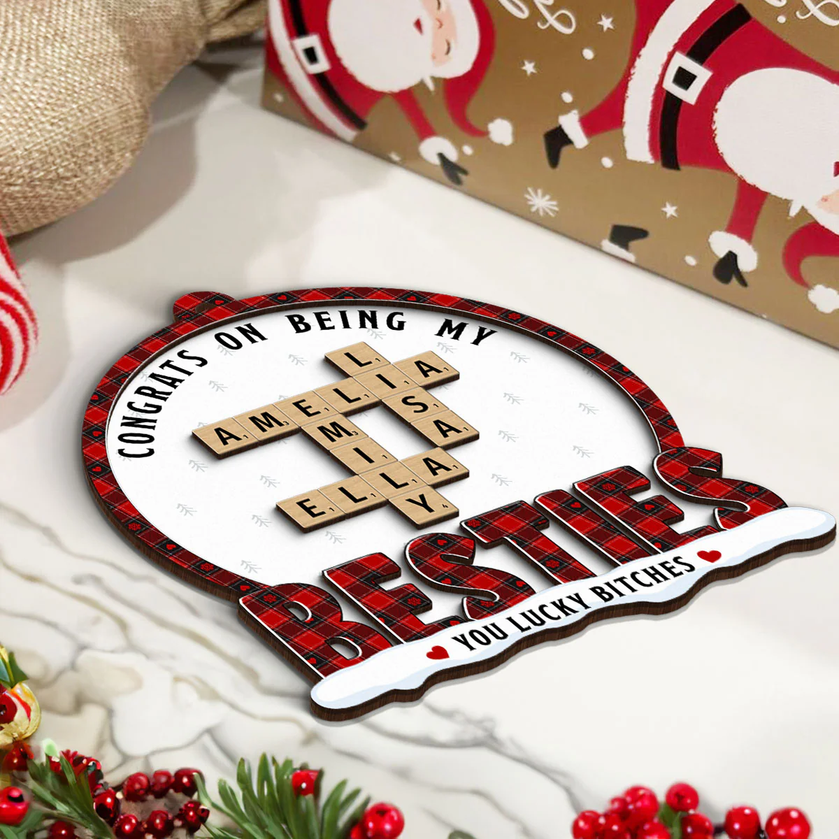 Congrats On Being My Besties Sisters Crossword Puzzle Art Personalized 2-Layer Wooden Ornament, Unique Christmas Gift For Besties Sisters - Image 6