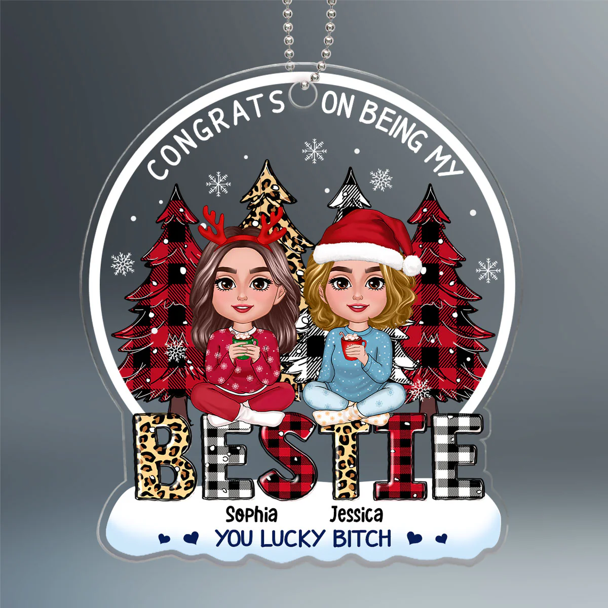 Congrats On Being My Besties Sisters Leopard Checkered Pattern Christmas Tree Personalized Acrylic Ornament - Image 2