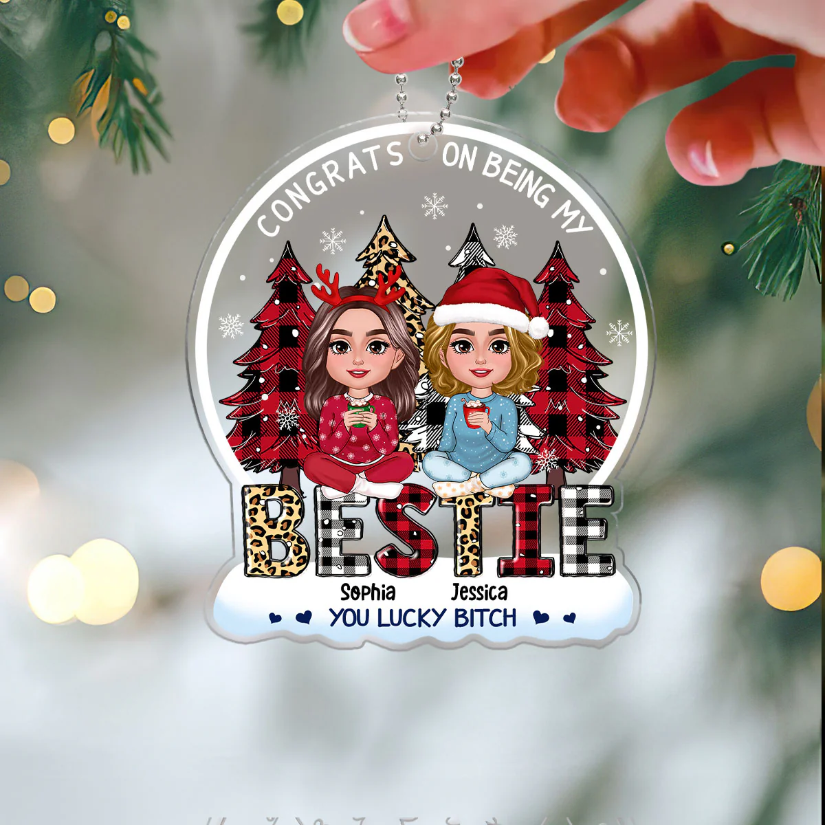 Congrats On Being My Besties Sisters Leopard Checkered Pattern Christmas Tree Personalized Acrylic Ornament - Image 3