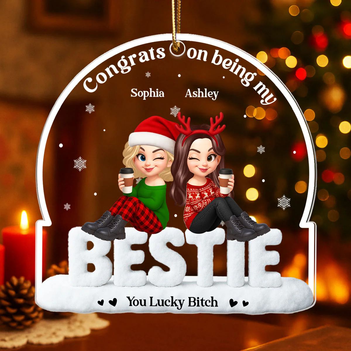 Congrats On Being My Besties Sisters Sitting On Text Personalized Acrylic Ornament - Image 2