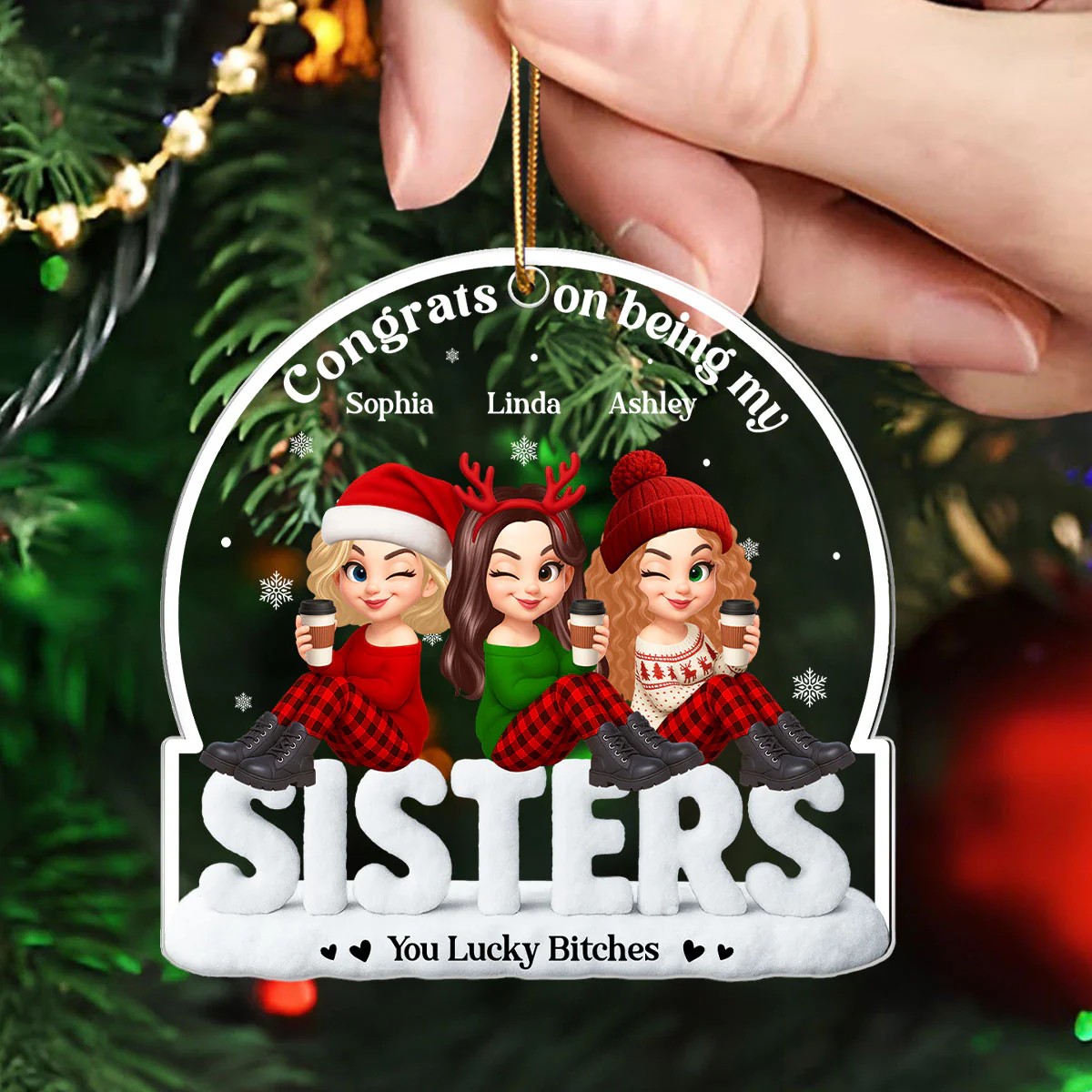 Congrats On Being My Besties Sisters Sitting On Text Personalized Acrylic Ornament - Image 4