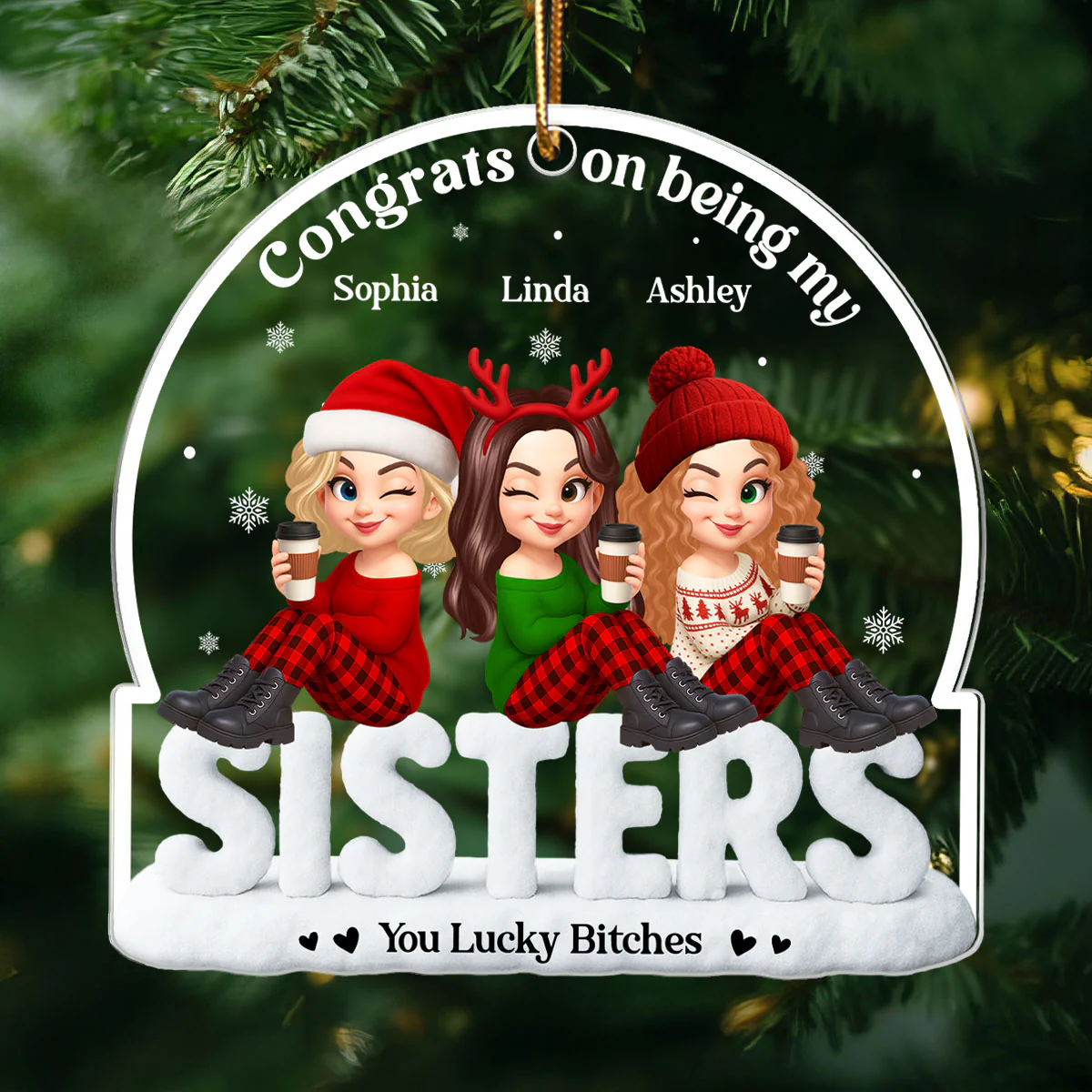 Congrats On Being My Besties Sisters Sitting On Text Personalized Acrylic Ornament - Image 5
