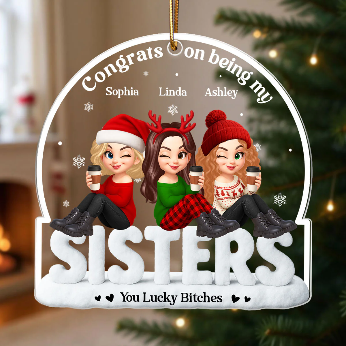 Congrats On Being My Besties Sisters Sitting On Text Personalized Acrylic Ornament - Image 6