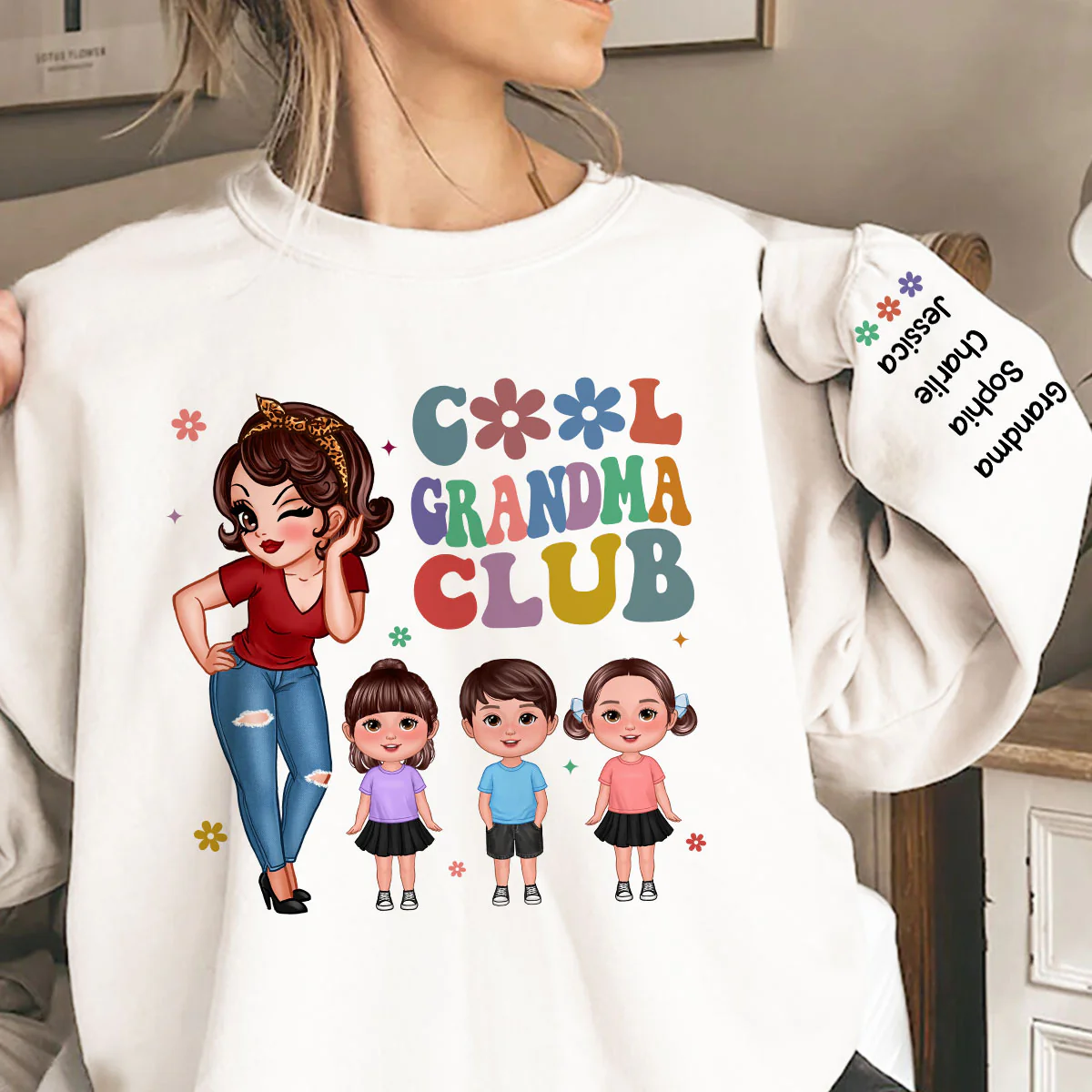 Cool Grandma Club, Names On Sleeve Personalized Sleeve Printed Sweatshirt - Image 3