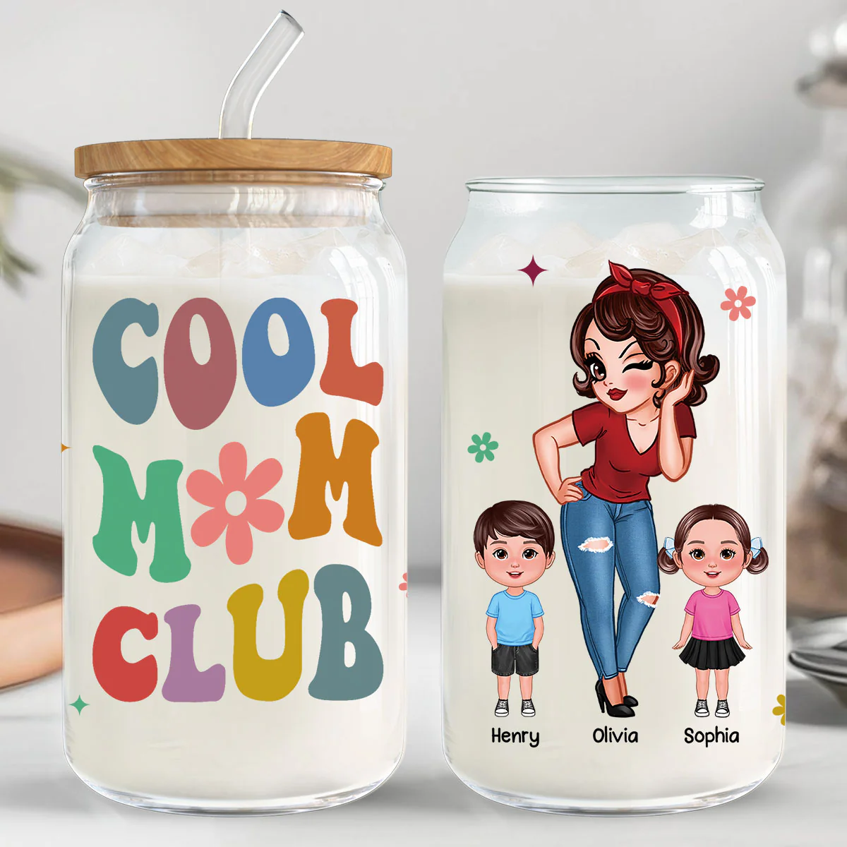 Cool Grandma Mom Club Pretty Woman With Kids Personalized Clear Glass Can