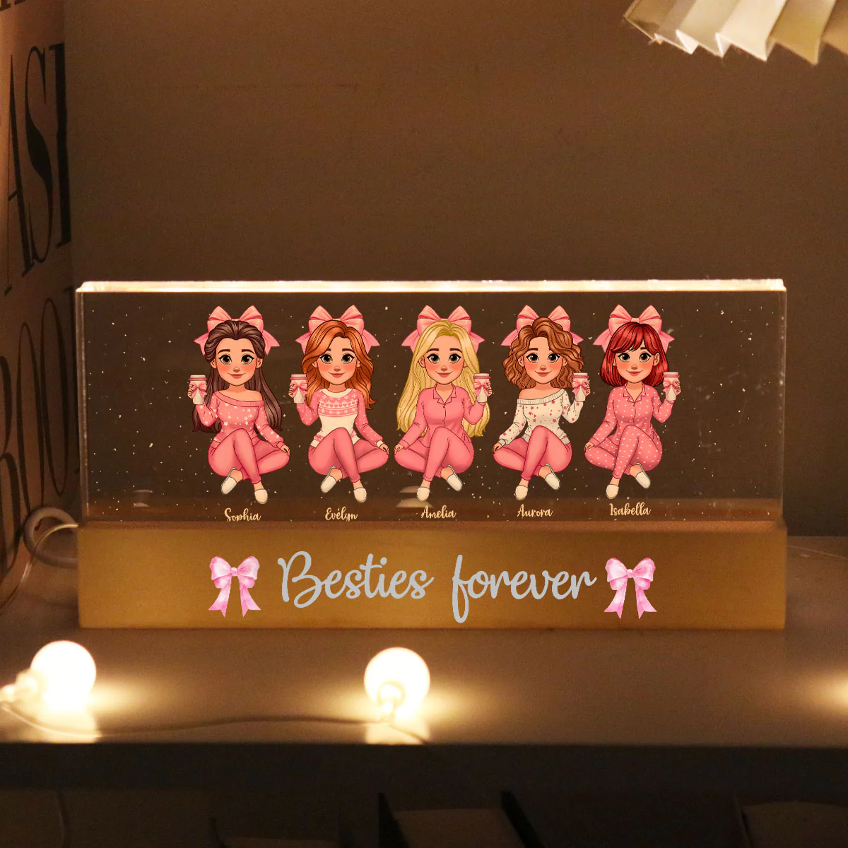 Coquette Animated Pink Besties Personalized Acrylic Block LED Night Light, Gift For Best Friends - Image 2