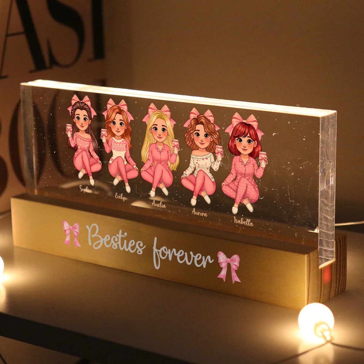 Coquette Animated Pink Besties Personalized Acrylic Block LED Night Light, Gift For Best Friends - Image 3
