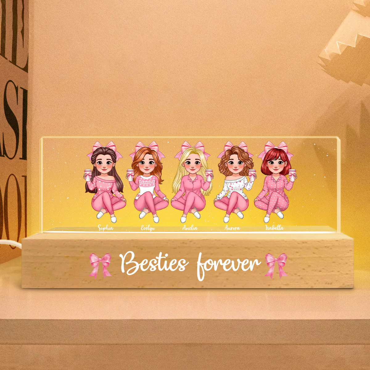 Coquette Animated Pink Besties Personalized Acrylic Block LED Night Light, Gift For Best Friends - Image 4