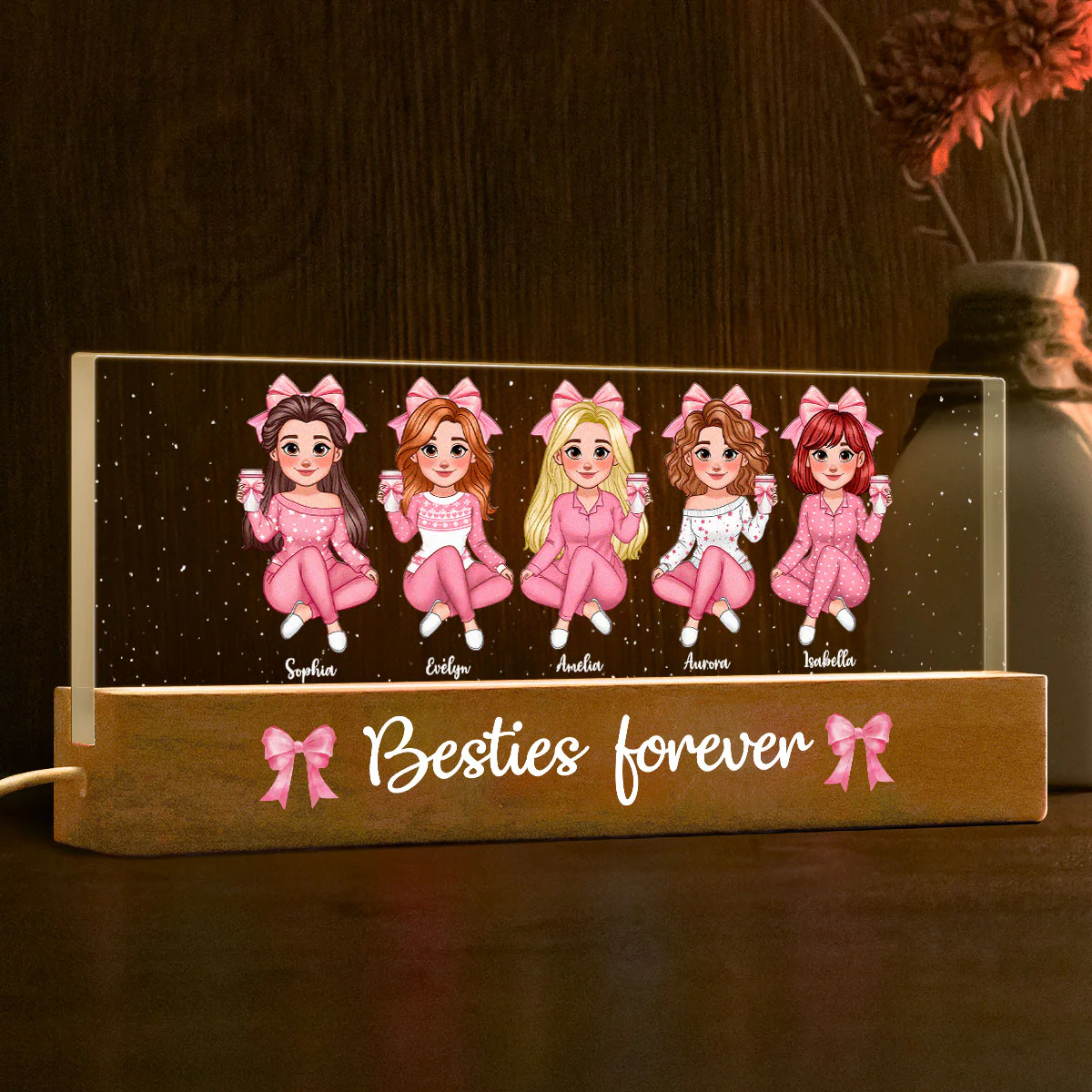 Coquette Animated Pink Besties Personalized Acrylic Block LED Night Light, Gift For Best Friends - Image 5