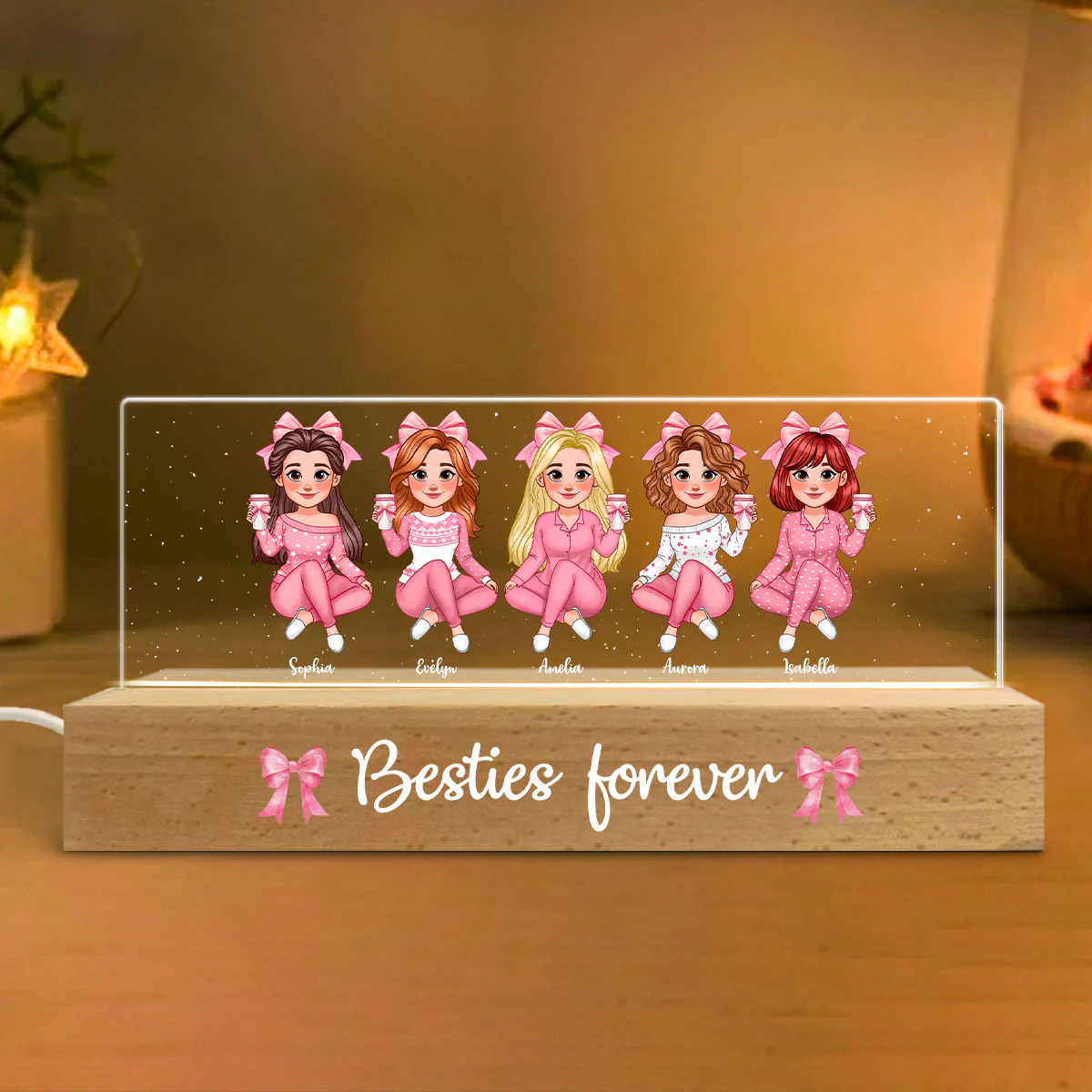 Coquette Animated Pink Besties Personalized Acrylic Block LED Night Light, Gift For Best Friends - Image 6