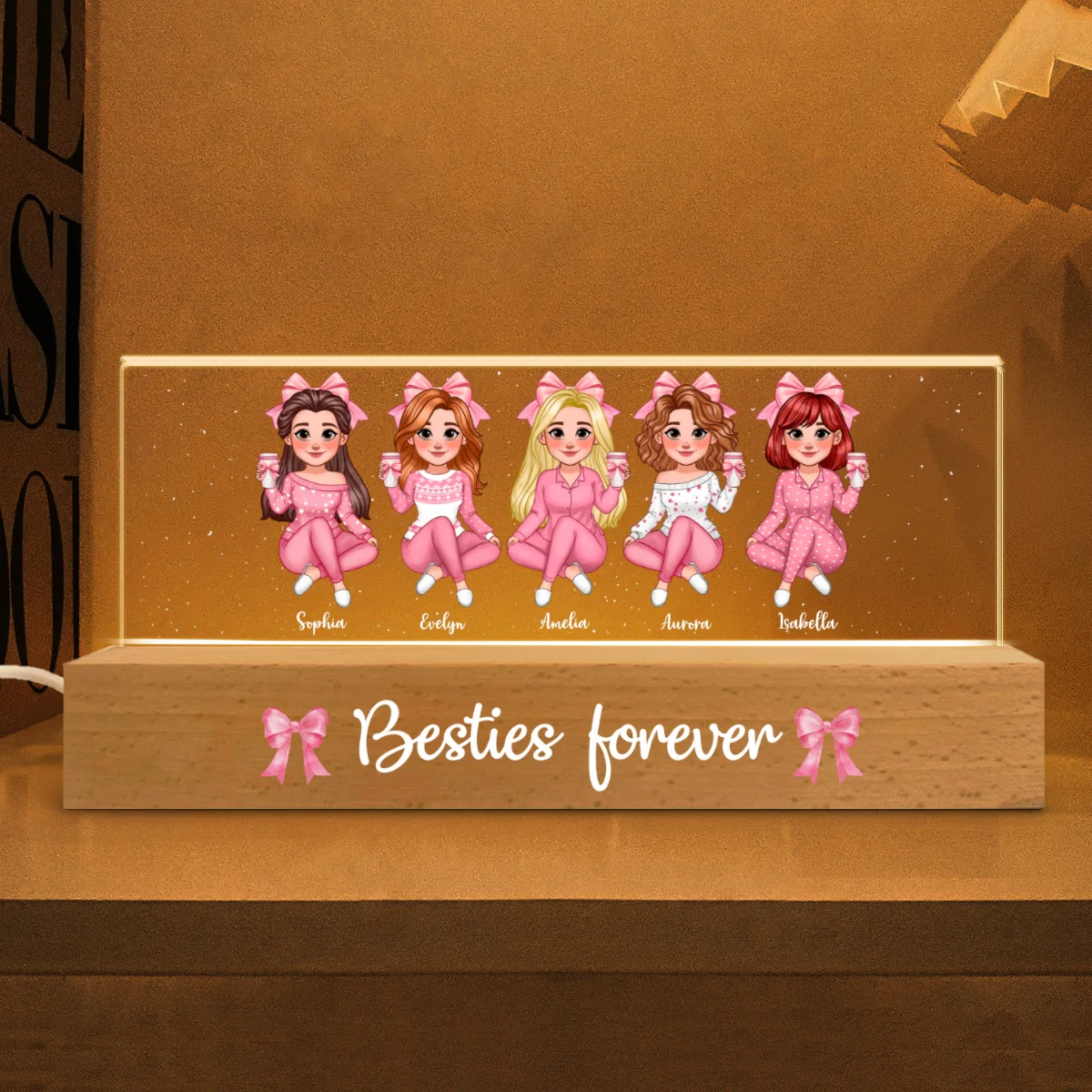 Coquette Animated Pink Besties Personalized Acrylic Block LED Night Light, Gift For Best Friends - Image 9