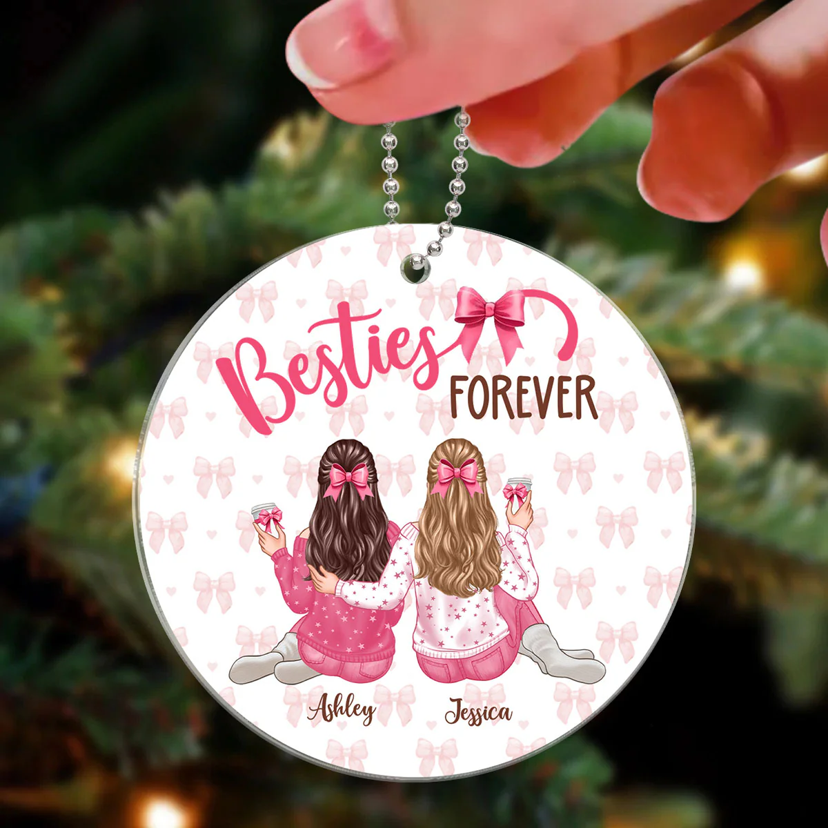Coquette Besties Forever Back View Christmas Personalized Acrylic Ornament - Image 3