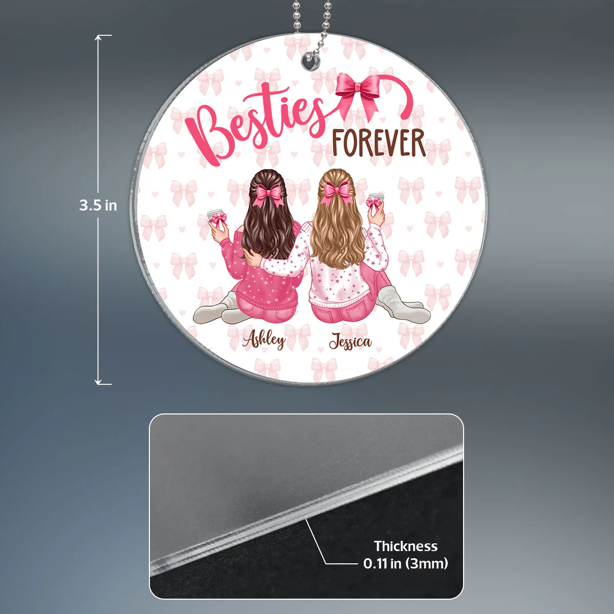 Coquette Besties Forever Back View Christmas Personalized Acrylic Ornament - Image 4