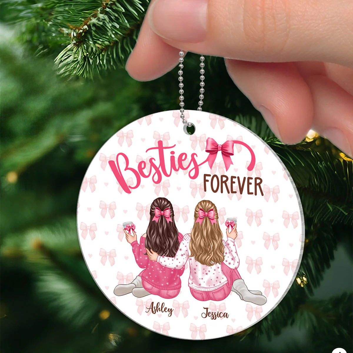 Coquette Besties Forever Back View Christmas Personalized Acrylic Ornament - Image 5