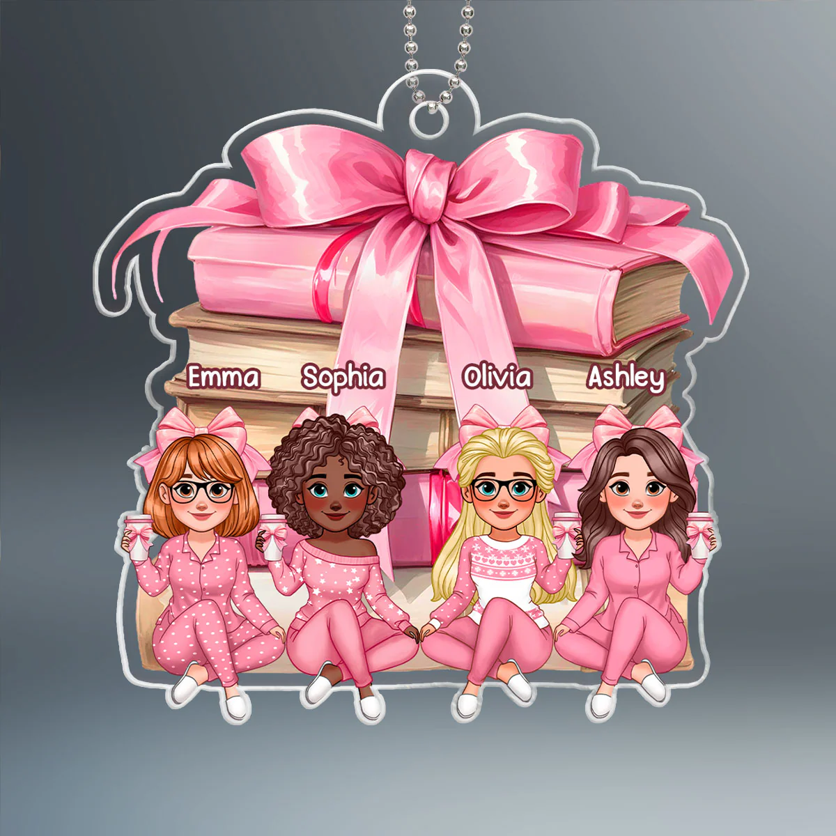 Coquette Stack of Book Besties Sitting Personalized Acrylic Ornament, Gift for Book Lovers - Image 2