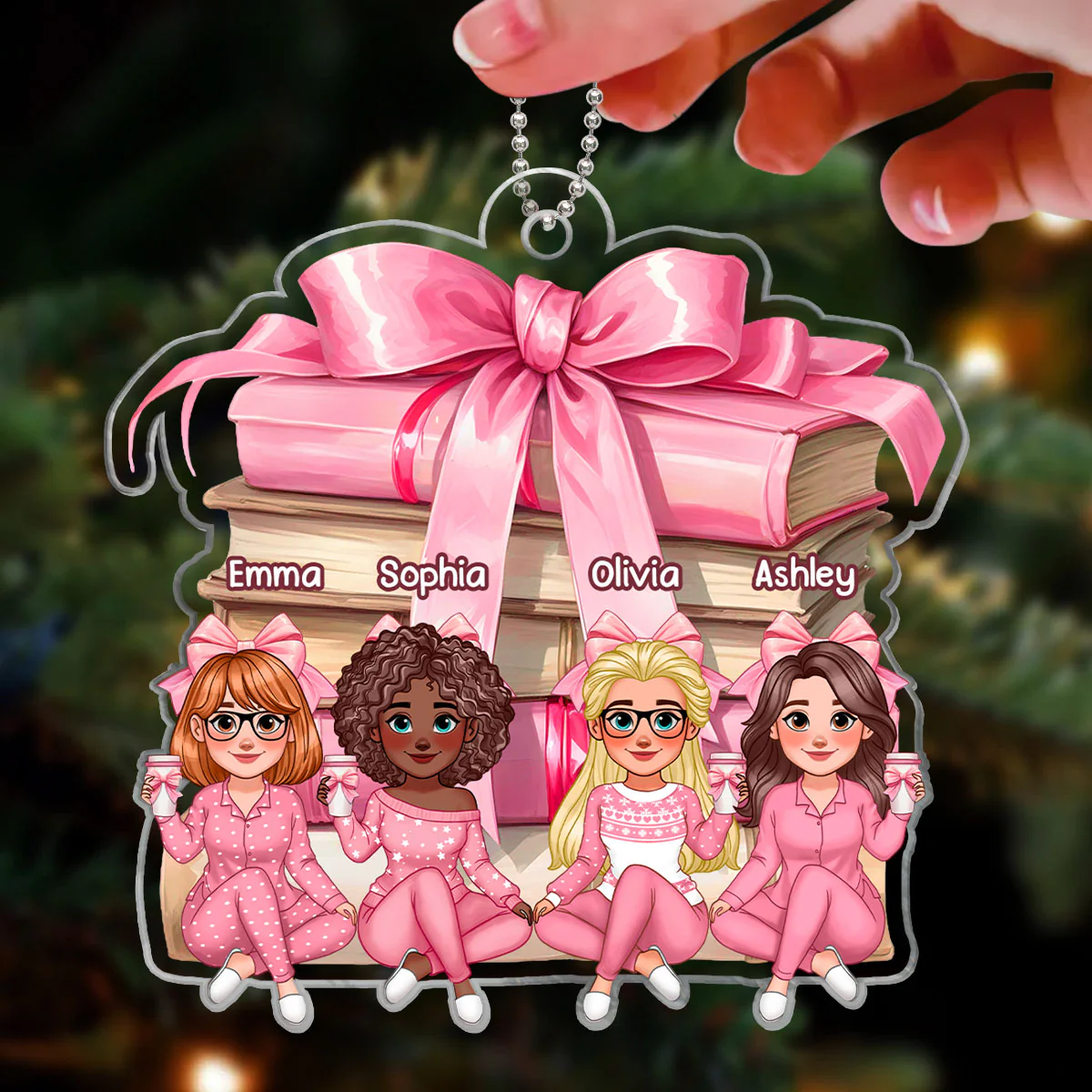 Coquette Stack of Book Besties Sitting Personalized Acrylic Ornament, Gift for Book Lovers - Image 3