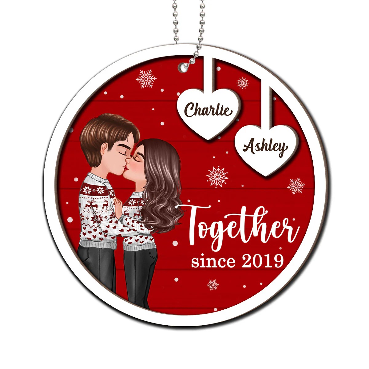 Coupe Kissing Heart Strings Christmas Personalized 2-Layer Wooden Ornament - Image 2