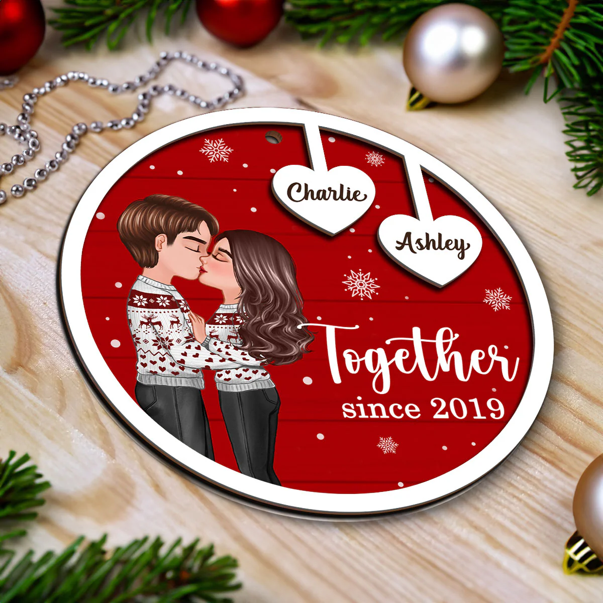 Coupe Kissing Heart Strings Christmas Personalized 2-Layer Wooden Ornament - Image 4