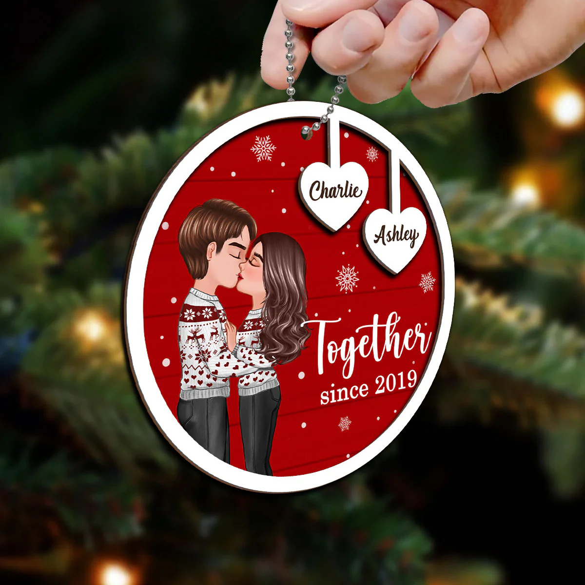 Coupe Kissing Heart Strings Christmas Personalized 2-Layer Wooden Ornament - Image 5