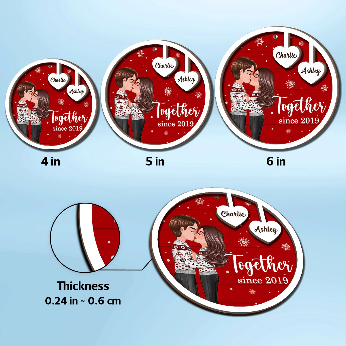 Coupe Kissing Heart Strings Christmas Personalized 2-Layer Wooden Ornament - Image 6