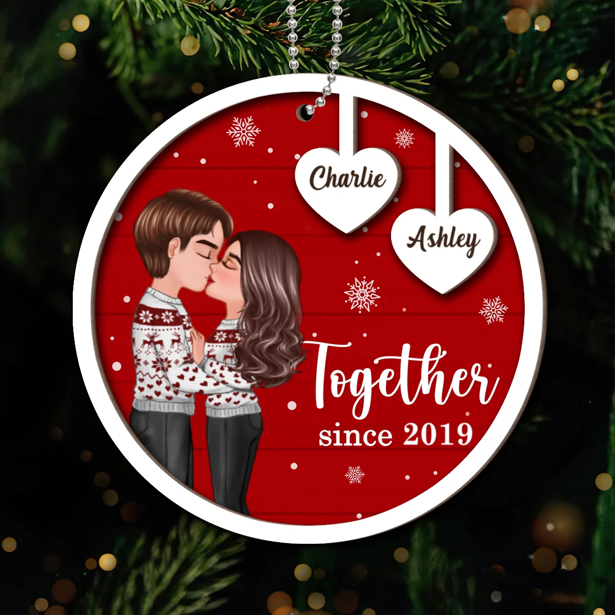 Coupe Kissing Heart Strings Christmas Personalized 2-Layer Wooden Ornament - Image 8
