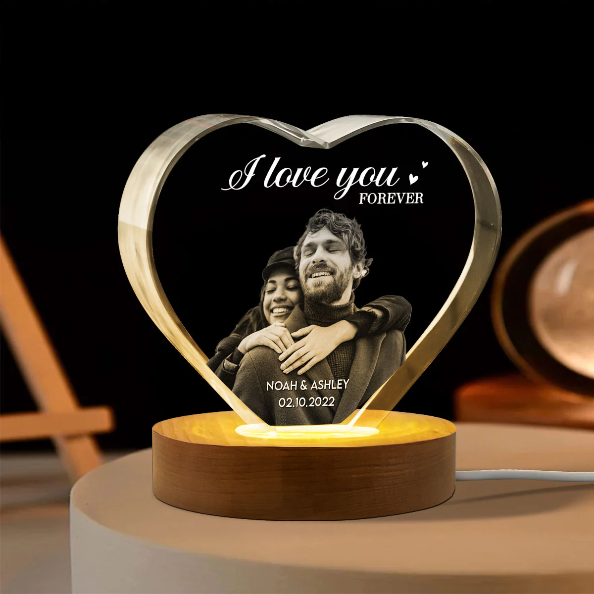Couple 3D Upload Photo Premium Crystal Heart LED, Personalized Heart Crystal With LED Base Optional, Perfect Valentine's Gift For Couple, For Him, For Her, Free Delivery - Image 6