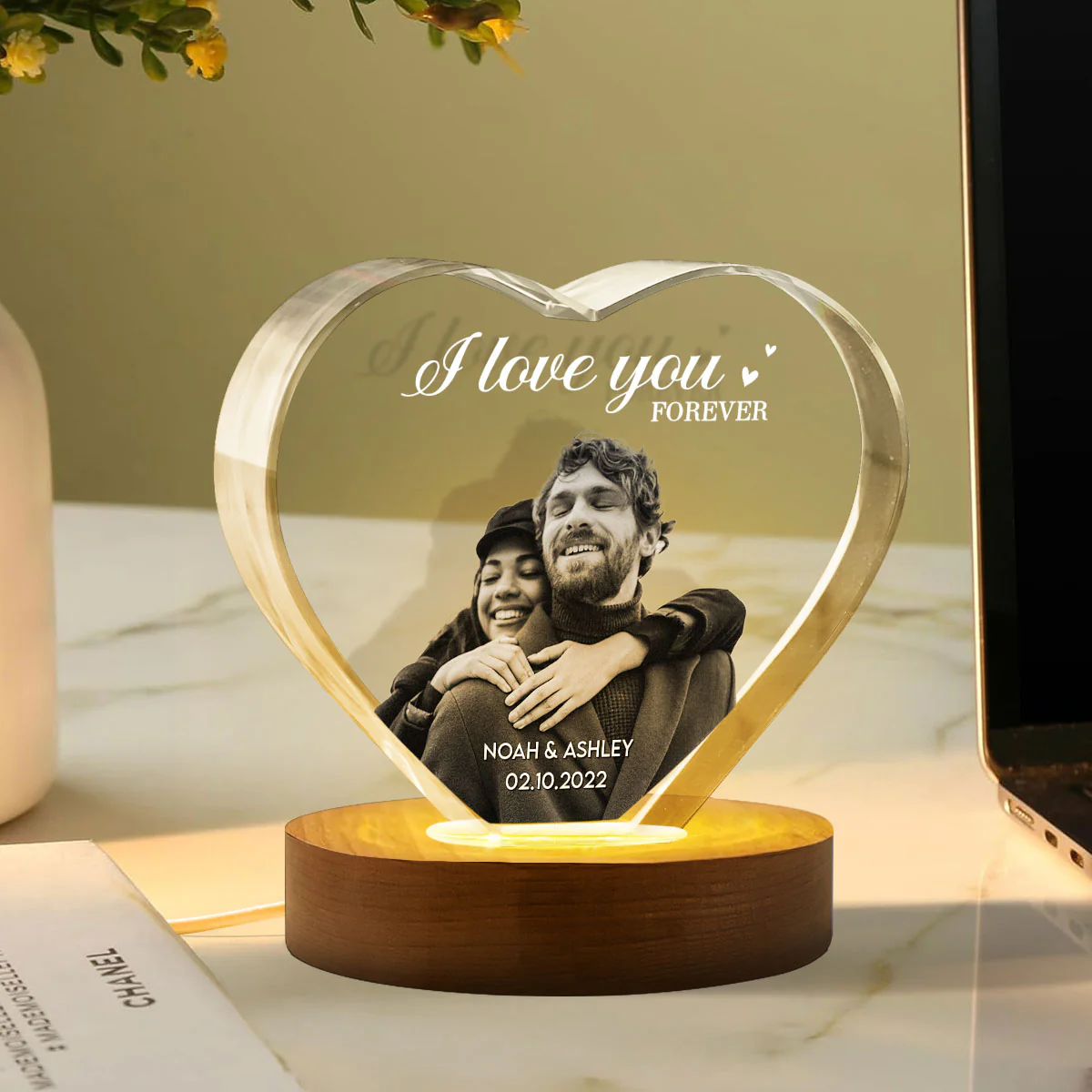 Couple 3D Upload Photo Premium Crystal Heart LED, Personalized Heart Crystal With LED Base Optional, Perfect Valentine's Gift For Couple, For Him, For Her, Free Delivery - Image 7