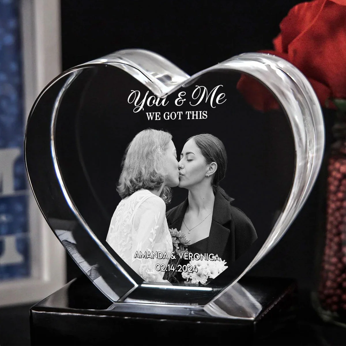 Couple 3D Upload Photo Premium Crystal Heart LED, Personalized Heart Crystal With LED Base Optional, Perfect Valentine's Gift For Couple, For Him, For Her, Free Delivery - Image 8