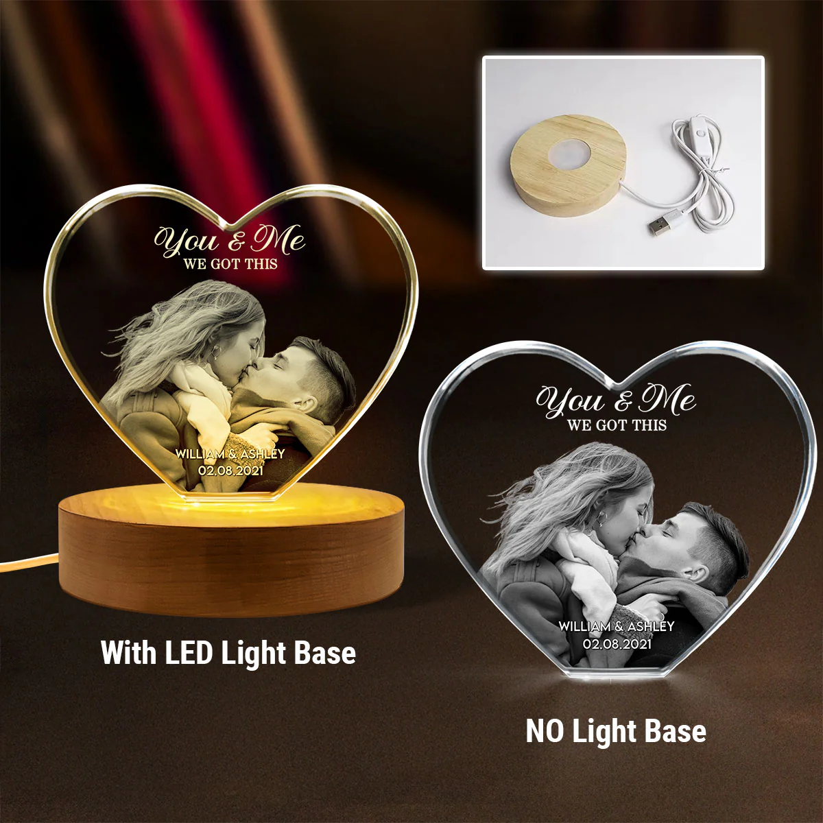 Couple 3D Upload Photo Premium Crystal Heart LED, Personalized Heart Crystal With LED Base Optional, Perfect Valentine's Gift For Couple, For Him, For Her, Free Delivery - Image 9