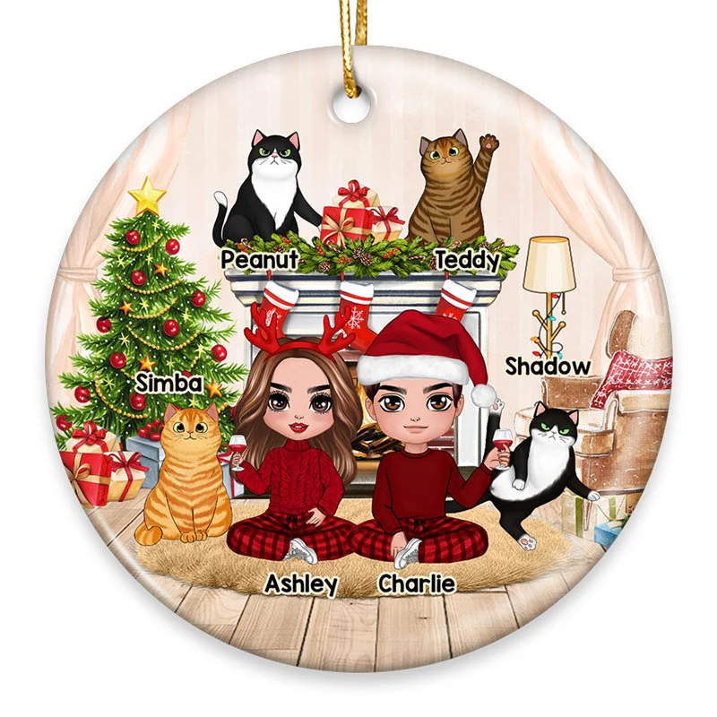 Couple And Cats Fireplace Christmas Personalized Circle Ornament