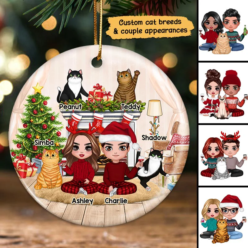 Couple And Cats Fireplace Christmas Personalized Circle Ornament - Image 2