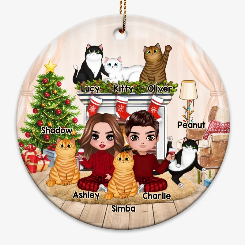 Couple And Cats Fireplace Christmas Personalized Circle Ornament - Image 3