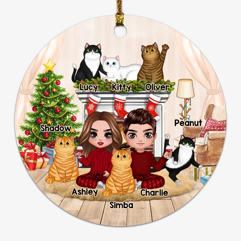 Couple And Cats Fireplace Christmas Personalized Circle Ornament - Image 4