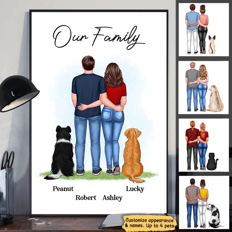 Couple And Dog Cat Back View Personalized Vertical Poster - Image 2