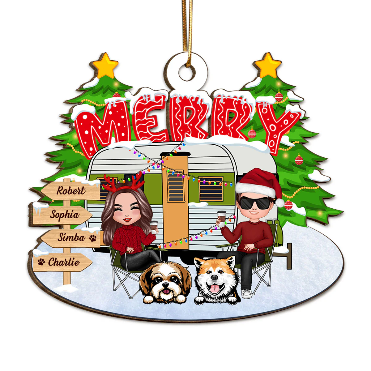 Couple And Dogs Camping Merry Christmas Personalized Wooden Ornament
