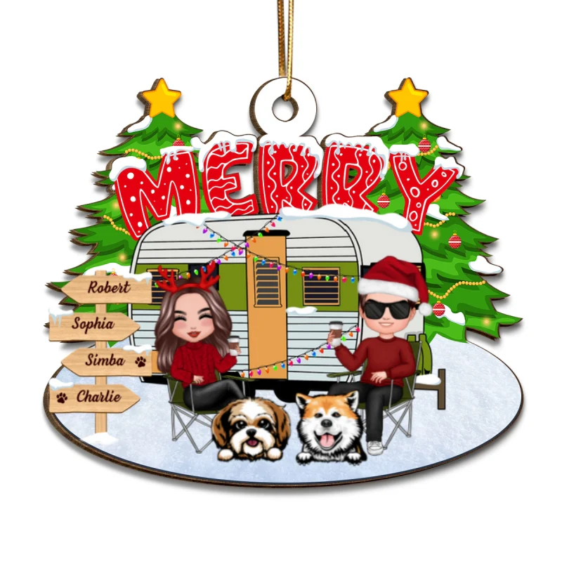 Couple And Dogs Camping Merry Christmas Personalized Wooden Ornament - Image 10