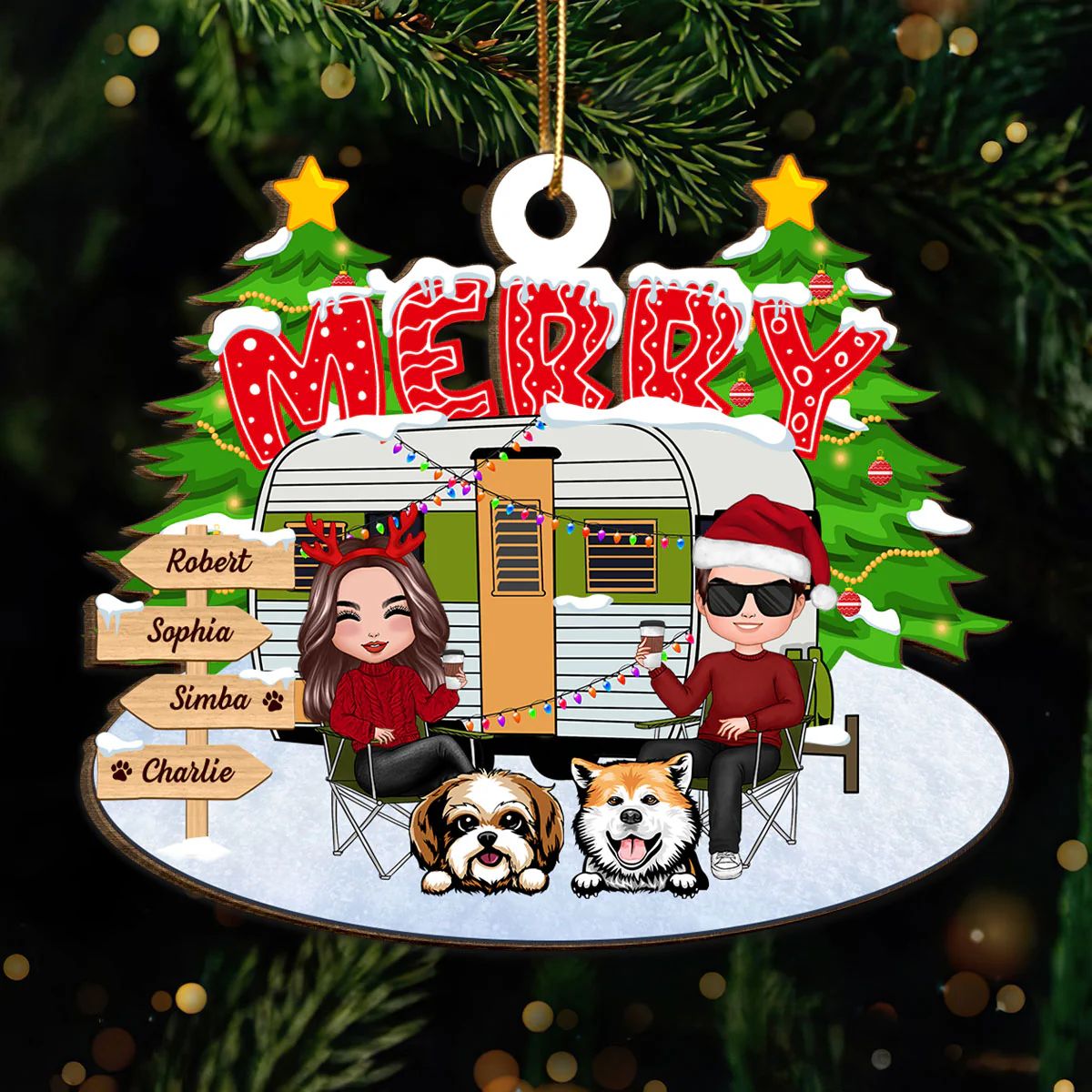 Couple And Dogs Camping Merry Christmas Personalized Wooden Ornament - Image 2