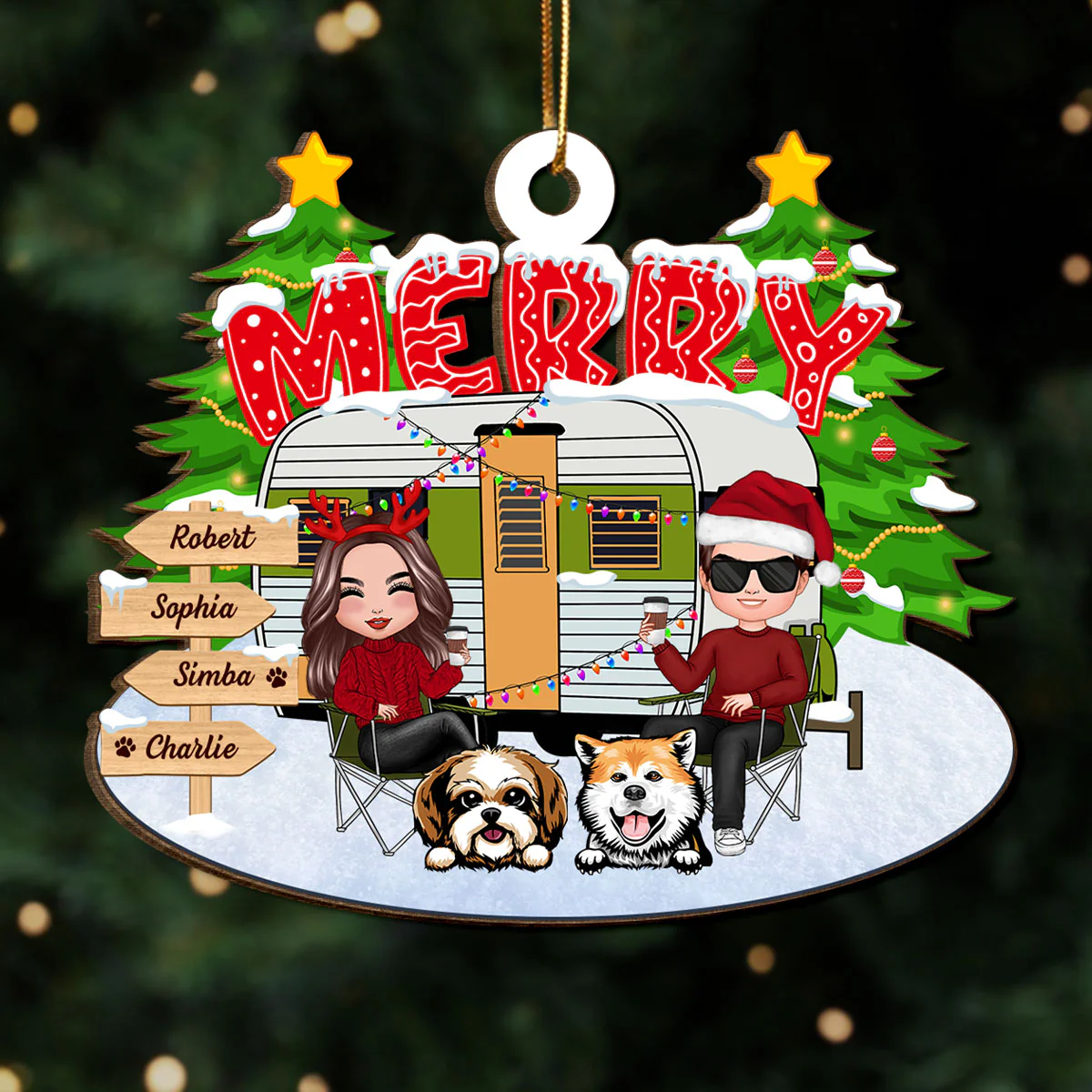 Couple And Dogs Camping Merry Christmas Personalized Wooden Ornament - Image 5